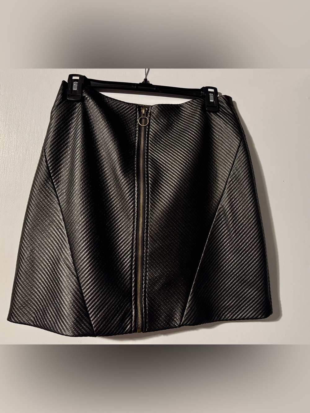 Black Lightweight Faux-Leather Mini Skirt with Front Ring Zip